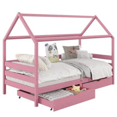 IDIMEX Lit cabane CLIA 90 x 200 cm avec tiroirs, en pin massif lasur&eacute; rose