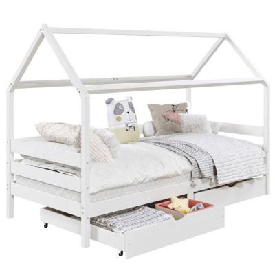 IDIMEX Lit cabane CLIA 90 x 190 cm avec tiroirs, en pin massif lasur&eacute; blanc