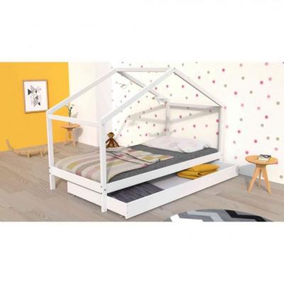 TERRE DE NUIT Lit cabane enfant avec tiroir en bois blanc 90x190 - lt14006