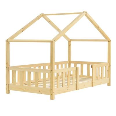 DECOSHOP26 Lit cabane - Naturel - 80x160 cm - Bois massif - 1 place - S&eacute;curis&eacute; avec barri&egrave;re