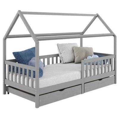 IDIMEX Lit cabane NUNA avec tiroirs, 90 x 190 cm en pin massif lasur&eacute; gris