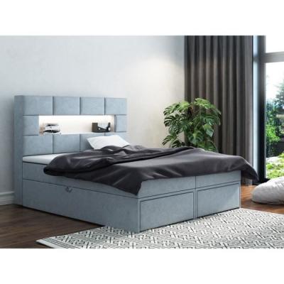 Lit adulte 200x200 cm COMOLUX - avec rangement matelas ressorts ensach&eacute;s et &eacute;clairage LED - tissu velours - gris 