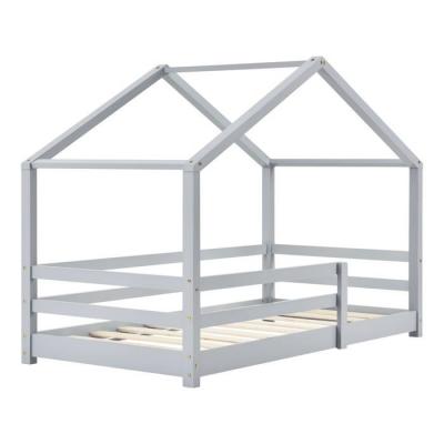 DECOSHOP26 Lit cabane pour enfant forme de maison avec barri&egrave;re de securite en bois de pin gris 70 par 140