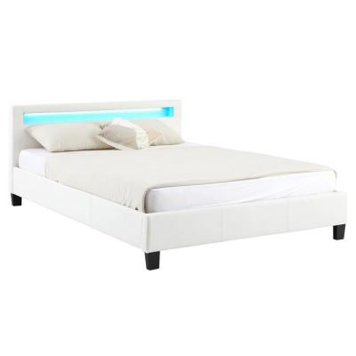 Lit LED double PINOT 140x190 cm, avec sommier, rev&ecirc;tement synth&eacute;tique blanc