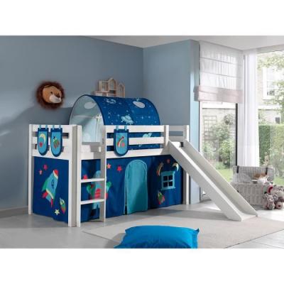 VIPACK Lit mi-hauteur 90x200 toboggan sommier inclus housse astro blanc noir