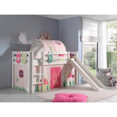 VIPACK Lit mi-hauteur 90x200 toboggan sommier inclus housse spring blanc