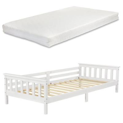 DECOSHOP26 Lit pour enfant avec matelas et soier &agrave; lattes structure en bois de pin blanc 90 par 200