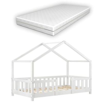  Lit pour enfant cabane maison avec matelas barri&egrave;re et soier en bois de pin blanc 80 par 160