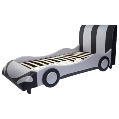 DECOSHOP26 Lit pour enfant voiture gar&ccedil;on soier &agrave; lattes simili cuir bois 190 par 100 noir-argente