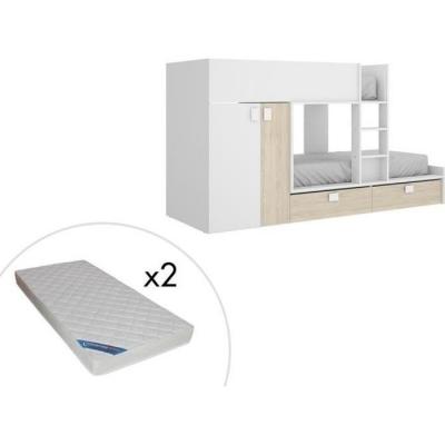 VENTE UNIQUE Lits Superpos&eacute;s 2 x 90 x 190 cm - Armoire int&eacute;gr&eacute;e - Blanc et naturel + matelas - JUANITO