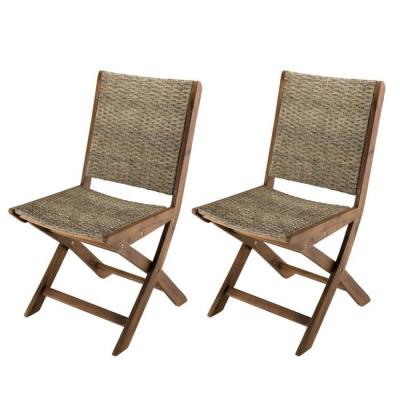 MACABANE Ensemble de 2 chaises jardin en acacia et rotin synth&eacute;tique