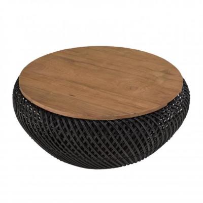MACABANE Table basse ronde 65x65cm en rotin noir plateau amovible