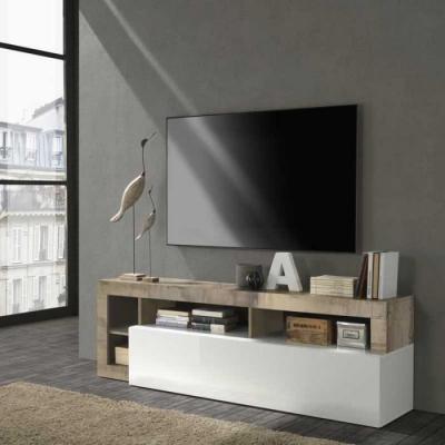 TOUSMESMEUBLES  Meuble TV 1 abattant 2 niches Blanc laqu&eacute; brillant/Bois fum&eacute; - ISCHIA