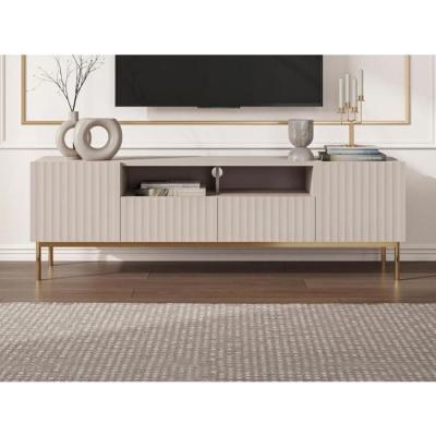 VENTE UNIQUE Meuble TV avec 2 portes, 2 tiroirs et 2 niches en MDF et acier - Beige et dor&eacute; - EVILANA
