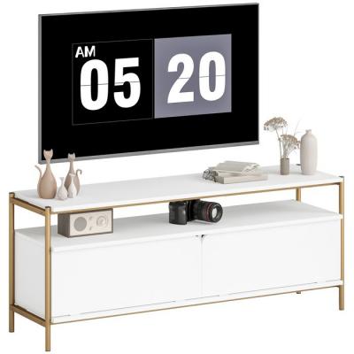 HOMCOM Meuble Tv 2 Portes Rabattables Et &Eacute;tag&egrave;re Ouverte Cadre En Acier Blanc
