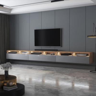 SELSEY  Meuble TV - REDNAW - 300 cm - ch&ecirc;ne wotan / gris brillant - avec LED