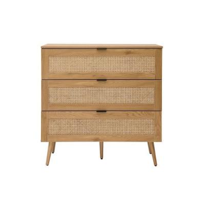 Commode en bois clair, cannage en rotin et m&eacute;tal noir 3 tiroirs L100 cm MANILLE