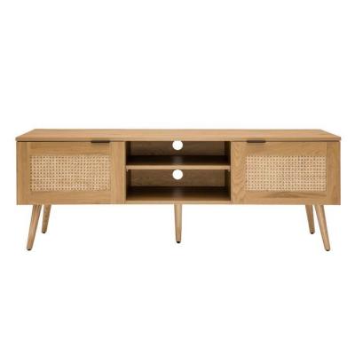 MILIBOO Meuble TV bois clair, cannage rotin et m&eacute;tal noir 2 portes L140 cm MANILLE