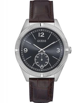 GUESS  Homme 42mm Bracelet Cuir Boitier Acier Inoxydable Quartz Montre W0873G1 
