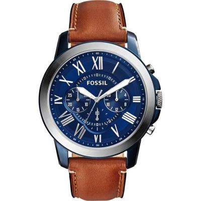 FOSSIL Montre Chronographe pour Homme Grant: Bo&icirc;tier en acier inoxydable bicolore de 44 mm, cadran bleu &agrave; chiffres romains, bracelet en cuir marron, &eacute;tanche jusqu'&agrave; 50 m