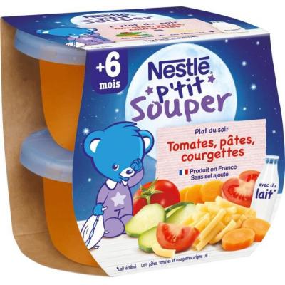  P'tit Souper bols pour b&eacute;b&eacute; tomate, p&acirc;te et courgette - d&egrave;s 6 mois, Nestl&eacute; (2 x 200 g) 