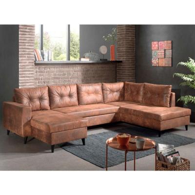BESTMOBILIER NORDIC - Canap&eacute; panoramique en U - 7 places - Convertible - Industriel vintage - Droit- Marron