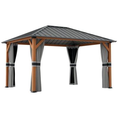 OUTSUNNY Pavillon de jardin alu aspect bois toit m&eacute;tal rideaux moustiquaires