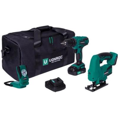 VONROC Pack outils sans fil VPower 20V - 2 machines avec 1 batterie 2.0Ah et chargeur inclus