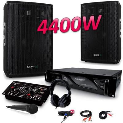 IBIZA SOUND PACK SONO 4400W DJ PA Set BAR CLUB DISCO15B + Ampli AX2000 MyDj + Table de Mixage USB MP3 + Micro Casque C&acirc;bles