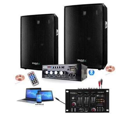 IBIZA SOUND PACK SONO DJ 600W + AMPLI USB BLUETOOTH + 2 ENCEINTES 300W + TABLE DE MIXAGE USB + DIVERS C&Acirc;BLES PA DJ SONO MIX SOIREE MASION BAR 