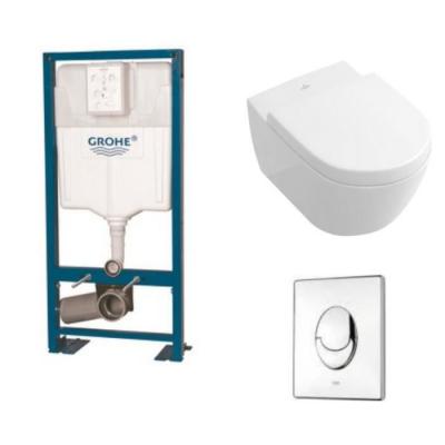 VILLEROY ET BOCH Villeroy Pack WC suspendu sans bride Subway 2.0 + abattant + plaque chrom&eacute;e + b&acirc;ti Grohe