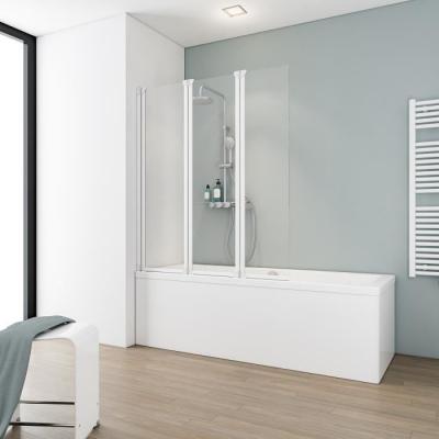 SCHULTE Pare baignoire rabattable 3 volets 124x130cm verre transparent 5mm profil&eacute; blanc 