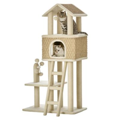 PAWHUT Arbre &agrave; chats style cosy chic griffoirs grande niche jeu boules beige