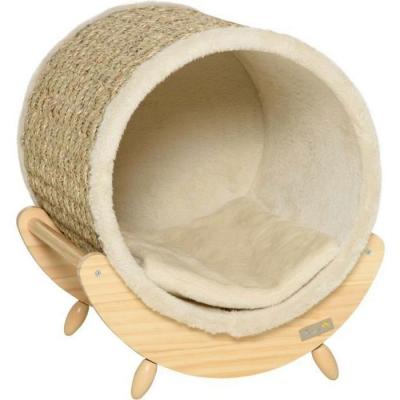 PAWHUT  Maison niche pour chat sur pieds avec coussin amovible et griffoir - bois de pin - naturel