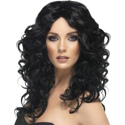 SMIFFY S Smiffys Perruque glamour, noire, cheveux longs, boucl&eacute;s