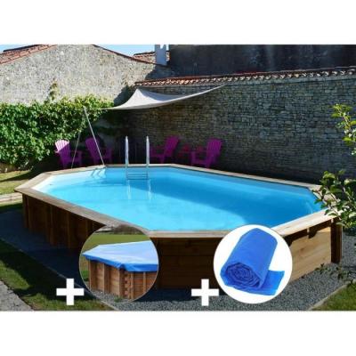 GRE Kit piscine bois Gr&eacute; Safran 6,20 x 3,95 x 1,36 m + B&acirc;che hiver + B&acirc;che &agrave; bulles