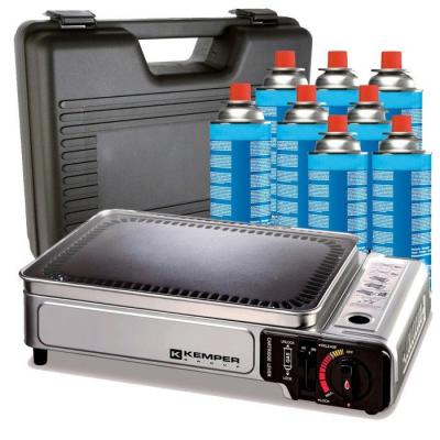 KEMPER Plancha gaz portable -  - plaque anti adh&eacute;sive - 8 cartouches gaz camping