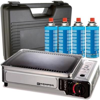 KEMPER Plancha &agrave; gaz portable 2300W + 4 cartouches de gaz + Valise de transport 