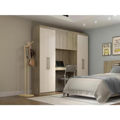 VENTE UNIQUE Pont de lit ANTERO II  - 6 portes - Avec armoires et rangements - L.200 cm - Ch&ecirc;ne et Ivoire
