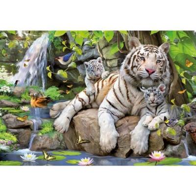  Puzzle adulte tigre blancs du bengale avec ses petits au bord de la riviere - 1000 pieces - educa - animaux sauvages 