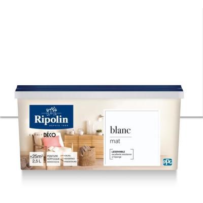 RIPOLIN  Peinture murale toutes pieces,  - Blanc Mat, 2,5L