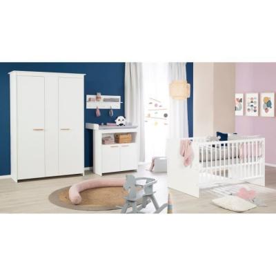 ROBA  Chambre B&eacute;b&eacute; Compl&egrave;te - Lit &Eacute;volutif 70 x 140 + Commode &agrave; Langer + Armoire 3 Portes - Blanc