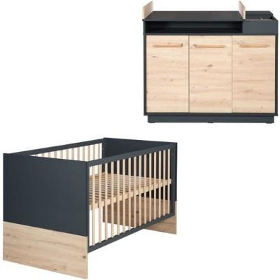 ROBA  Chambre B&eacute;b&eacute; Duo Lenn - Lit &eacute;volutif 70x140 cm + Commode &agrave; langer - Anthracite -D&eacute;cor bois noir