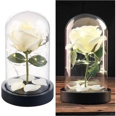 Rose artificielle avec cloche en verre et lumi&egrave;re LED - Blanche