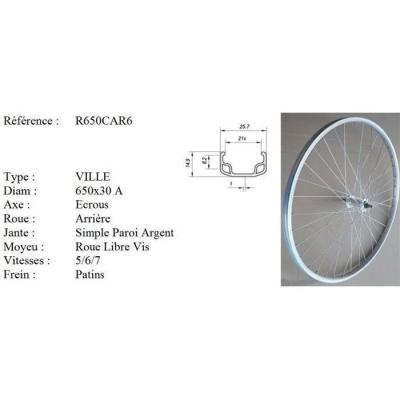 VELOX Roue 650a arriere jante alu simple paroi argent frein patin moyeu alu ecrous roue libre 5 6 7v
