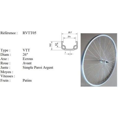 VELOX Roue v&eacute;lo -  Roue avant v&eacute;lo - 26 pouces - axe &eacute;crous - simple paroi - couleur argent 