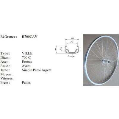 VELOX Roue 28 vtc 700c avant jante alu simple paroi argent frein patin moyeu alu ecrous