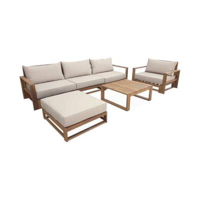 SWEEEK Salon De Jardin En Bois 5 Places - Mendoza - Coussins Beiges. Canap&eacute;. Fauteuils Et Table Basse En