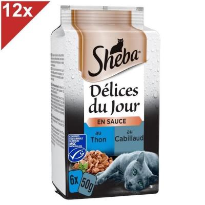 SHEBA  D&eacute;lices Du Jour 72 Sachets Thon Cabillaud En Sauce Pour Chat 50g (12x6)