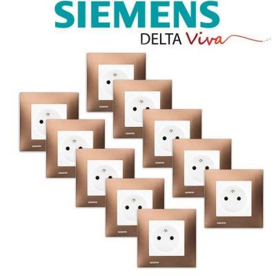SIEMENS  - LOT 10 Prise 2P+T Blanc Delta Viva + Plaque M&eacute;tal Marron